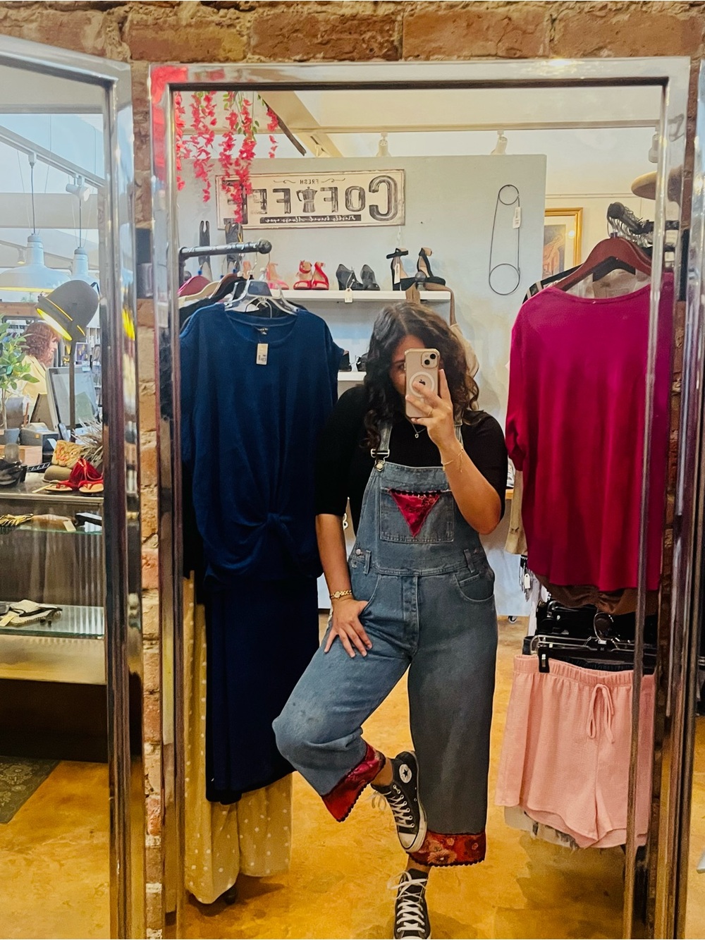 Women’s Denim Overalls with Red Accent Bib and Cuff